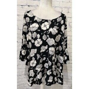 Chenault Black and White Ruffle Accent Floral Top Blouse Plus Size 1X